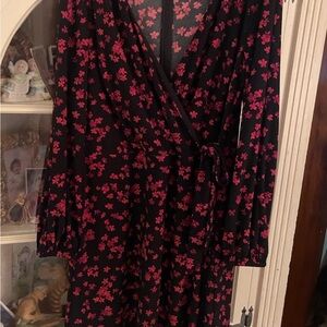 Chaps Black and Pink Floral Long Sleeve Dress